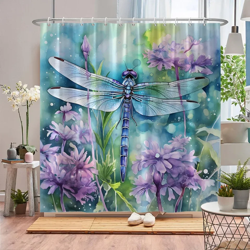 Dragonfly sprchová záclona rastlina kvetina hmyzový hmyz akvarel potlač polyester tkanina domáce sprchy záclony kúpeľňa dekor s háčikmi