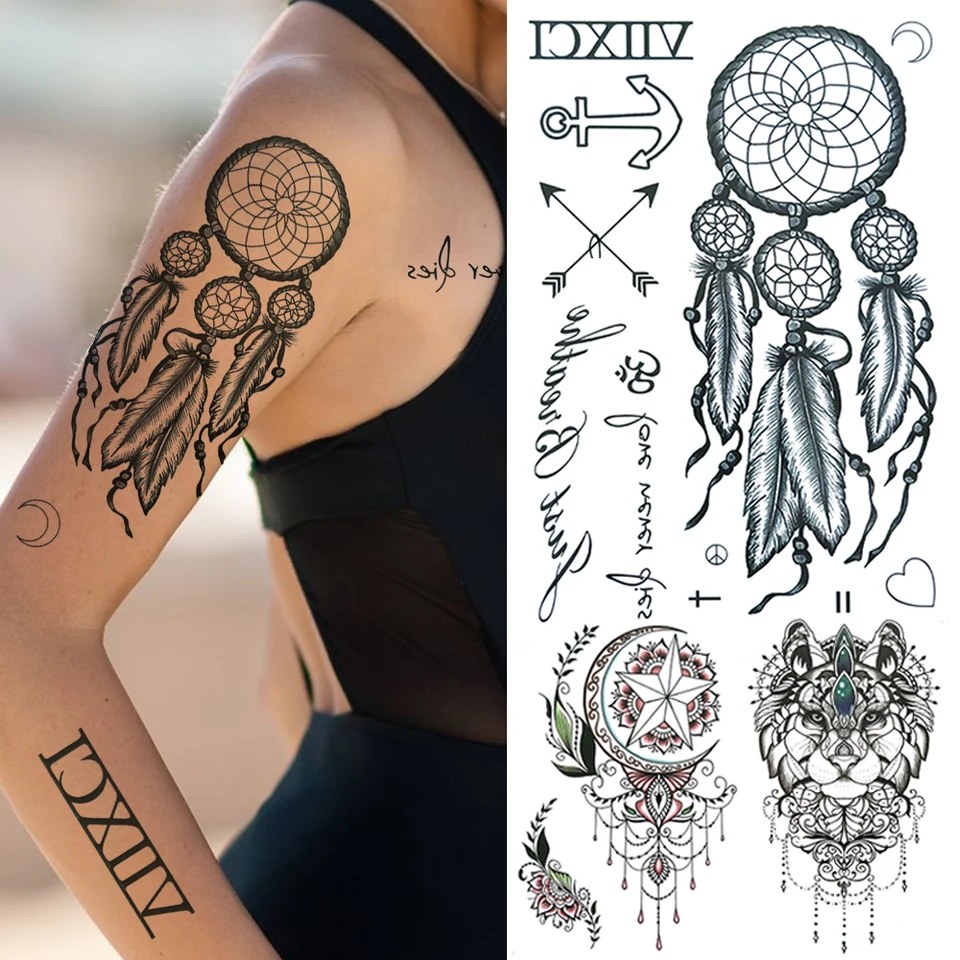 Dream Catcher Dočasné tetovanie pre ženy Realistické falošné vlk sovy tetovanie Tattoo Black Jewelry Chains Dreamcatcher Tatoos Girls