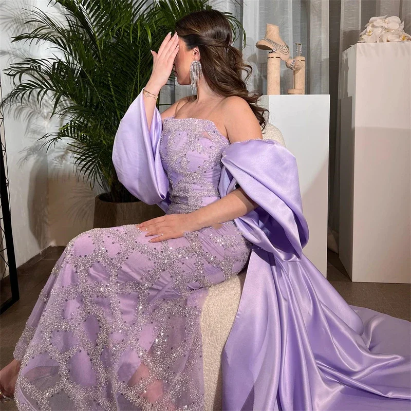 Dream Dress Elegant Purple One Line Brck Tulle Flitry Večerné šaty Šatky rukávy morská panna formálne plesové šaty pre ženy 2023