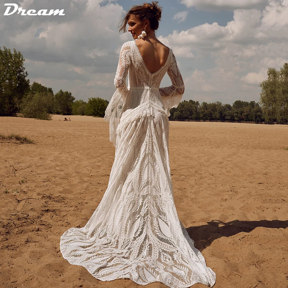 Dream Prispôsobený V krku s eričky rukávy čipky svadobné šaty pre ženy dlhé nevesty šaty vintage outfit Svadobné šaty 2025