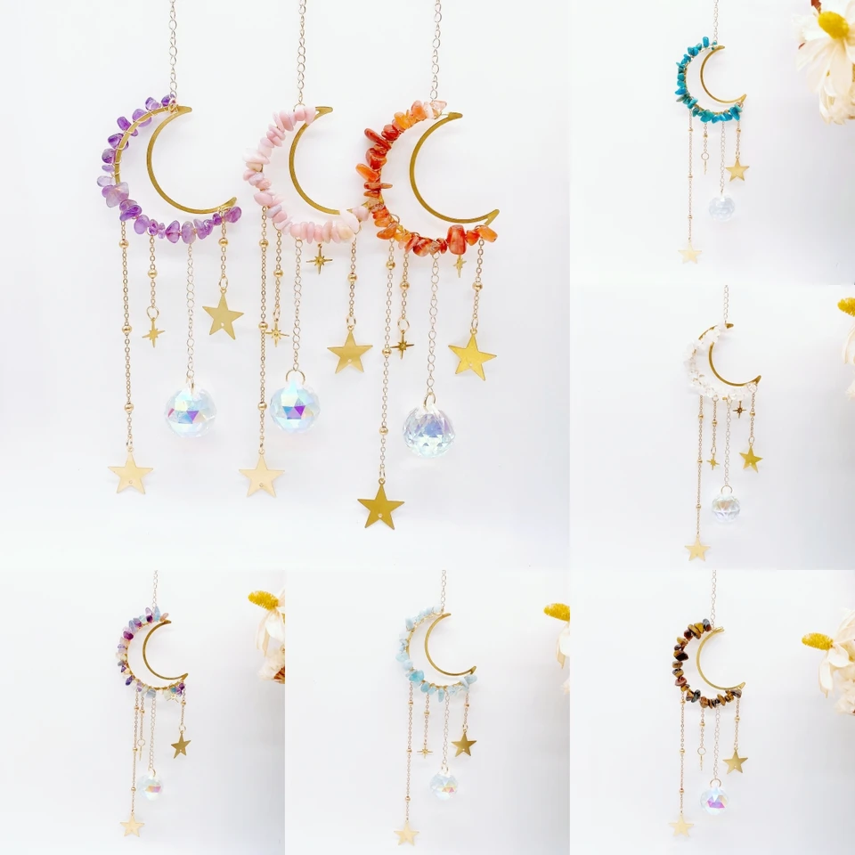 Dreamcatcher Crystal Gravel Stone Pendant Suncatcher Prisms DIY Retiad Window Curtains Zlatá hviezda zavesenie domácej záhrady Dekorácia