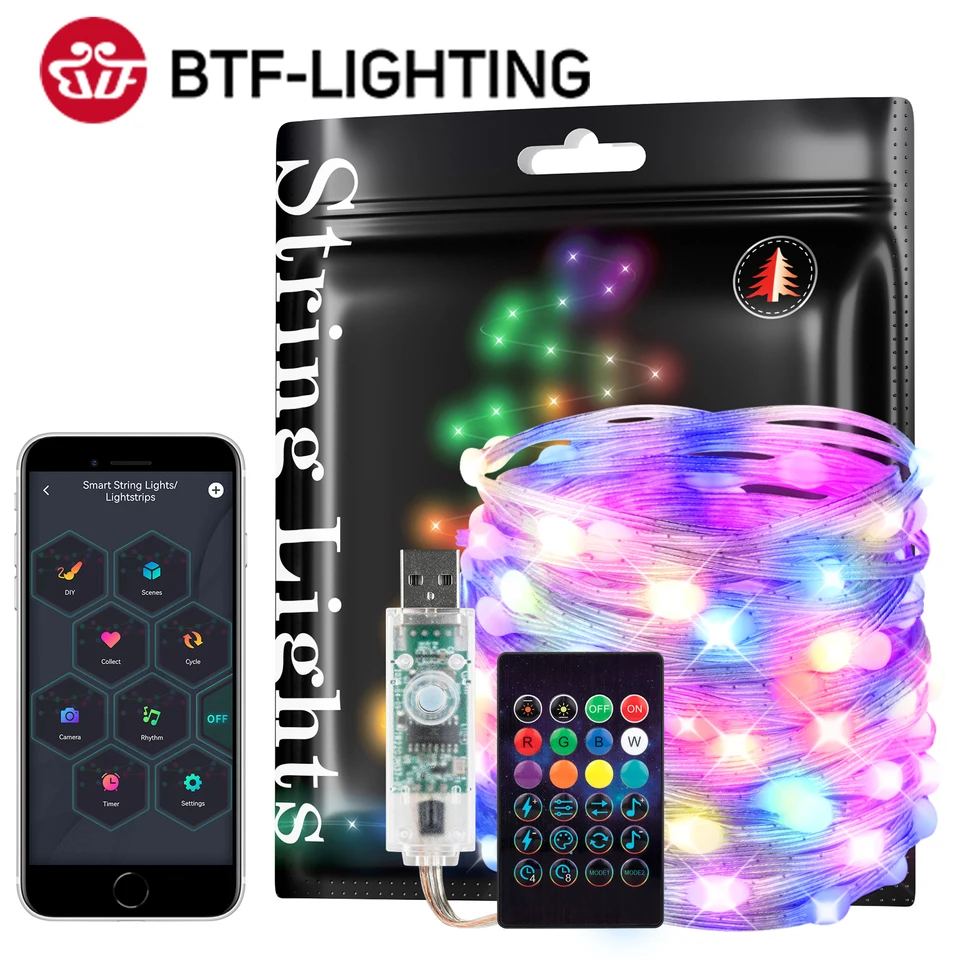 DreamColor vianočné svetlá reťazec bt hudba WS2812B RGBIC osvetlenie adresovateľné večierok Svadobná dekorácia girlandu Outdoor USB DC5V