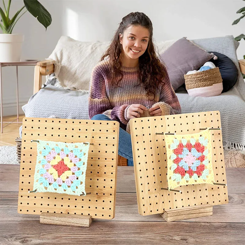 Drevená bambusová háčkovacia doska sada Granny Square háčkovanie doska Ručné pletenie Blokovanie doska s malými otvormi DIY pletacie náradie