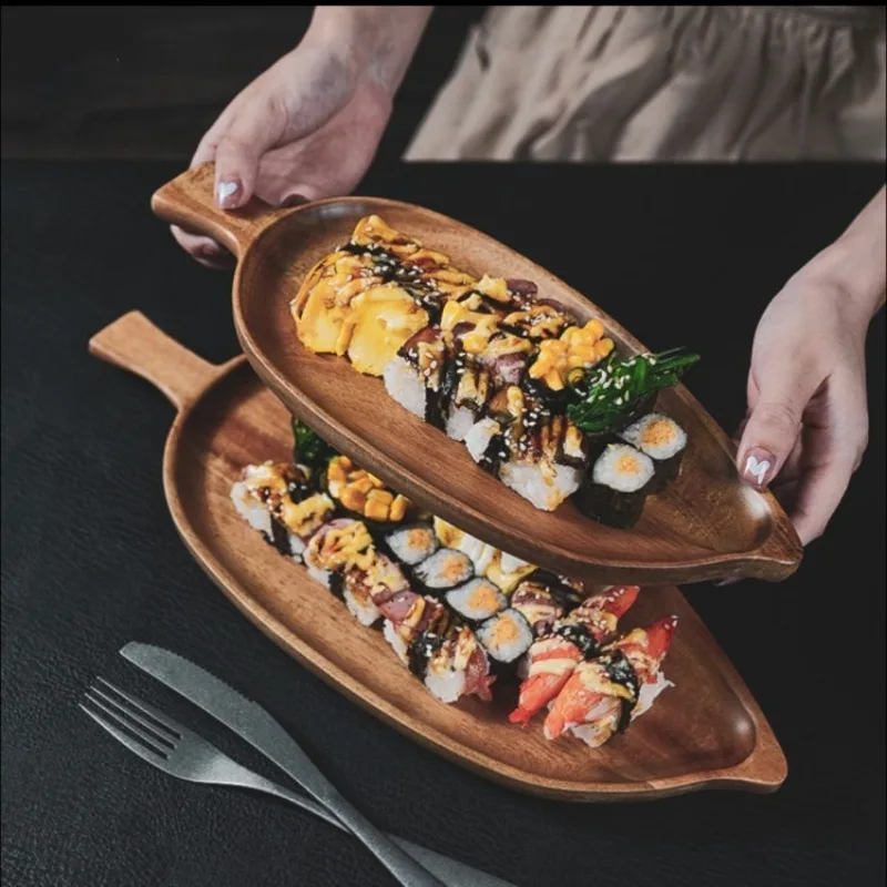 Drevená doska popoludňajší čaj Dim Sum Sump Snack Doska List v tvare večere Doska syr Sushi tanier grilovaná ryba