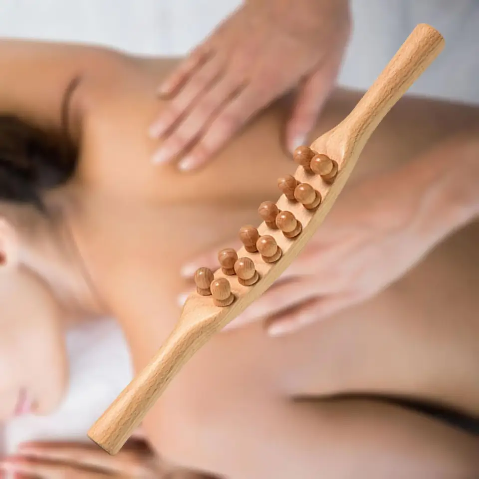Drevená masážna tyčinka Guasha Stick, Professional, 38 cm, Massager Body, 12 guľôčok pre brucho nohy chrbta salónu celého tela