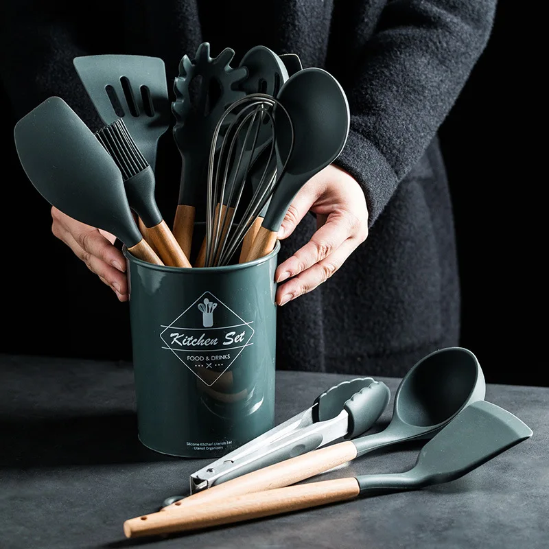 Drevená rukoväť varenie riadu NESTICK SILICON SPATULA SPATULA SPOIL SPOON BRISE BRISE PASTA SPOON COLANDER