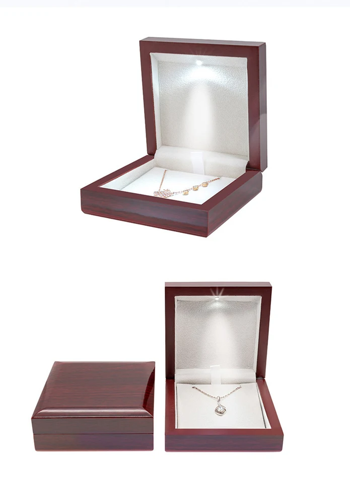 Drevená škatuľka LED ľahká šperkovacia škatuľka Burgundska štvorstážový ďatelina náramok Nástroj náhrdelník Storage Box