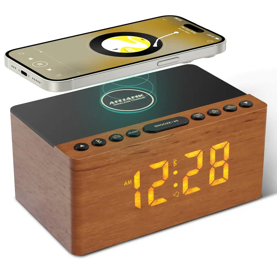 Drevené Bluetooth reproduktor Budík s bezdrôtovou nabíjacou stanicou FM Radio pre iPhone/Samsung USB nabíjačku