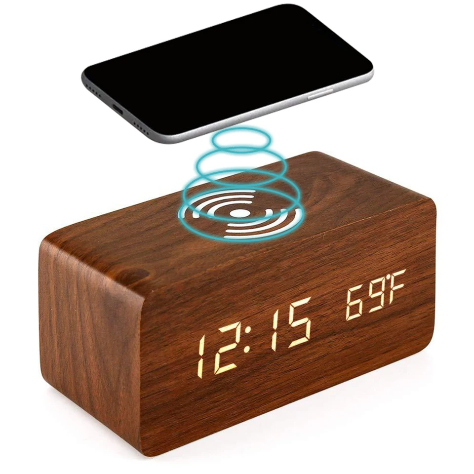 Drevené digitálne budík bezdrôtové nabíjanie 24/12 hodinové nastavenie LED diódy na veľkú obrazovku Table Clock Snoozy pre domácu spálňu