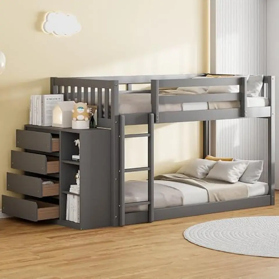 Drevené dvojité poschodové posteľné zásuvky Zásuvky na úložné priestory Low podkrovie Kids Boys Dievčatá bezpečné strážne koľajnice Easy Zostavte 4 zásuvky 3 police Twin