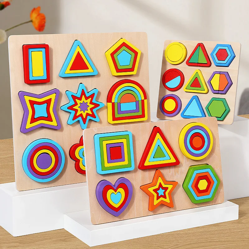 Drevené geometrické tvary farebné Montessori hádanky kognitívne 3D batoľa vzdeláva