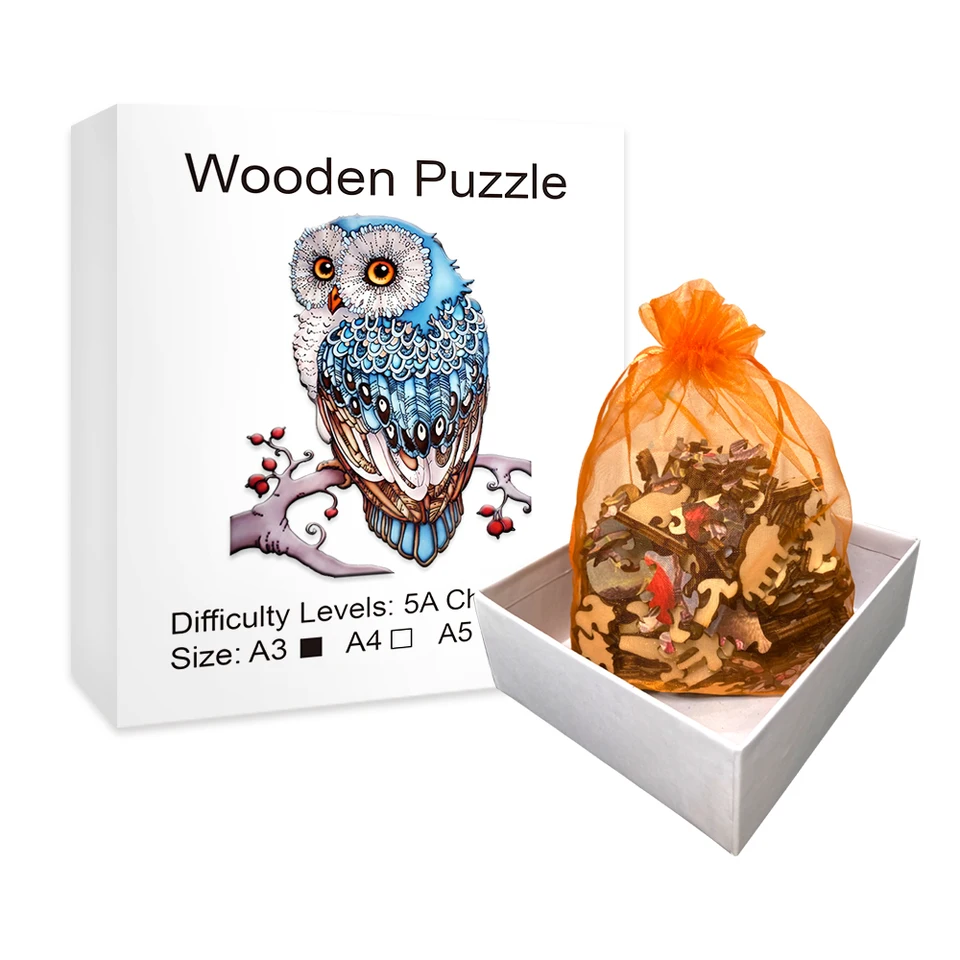 Drevené hádanky pre dospelých, Owl Wooden Puzzle jedinečne nepravidelné drevené skladacie hádanky v tvare zvierat, tvorivý darček pre tínedžerov