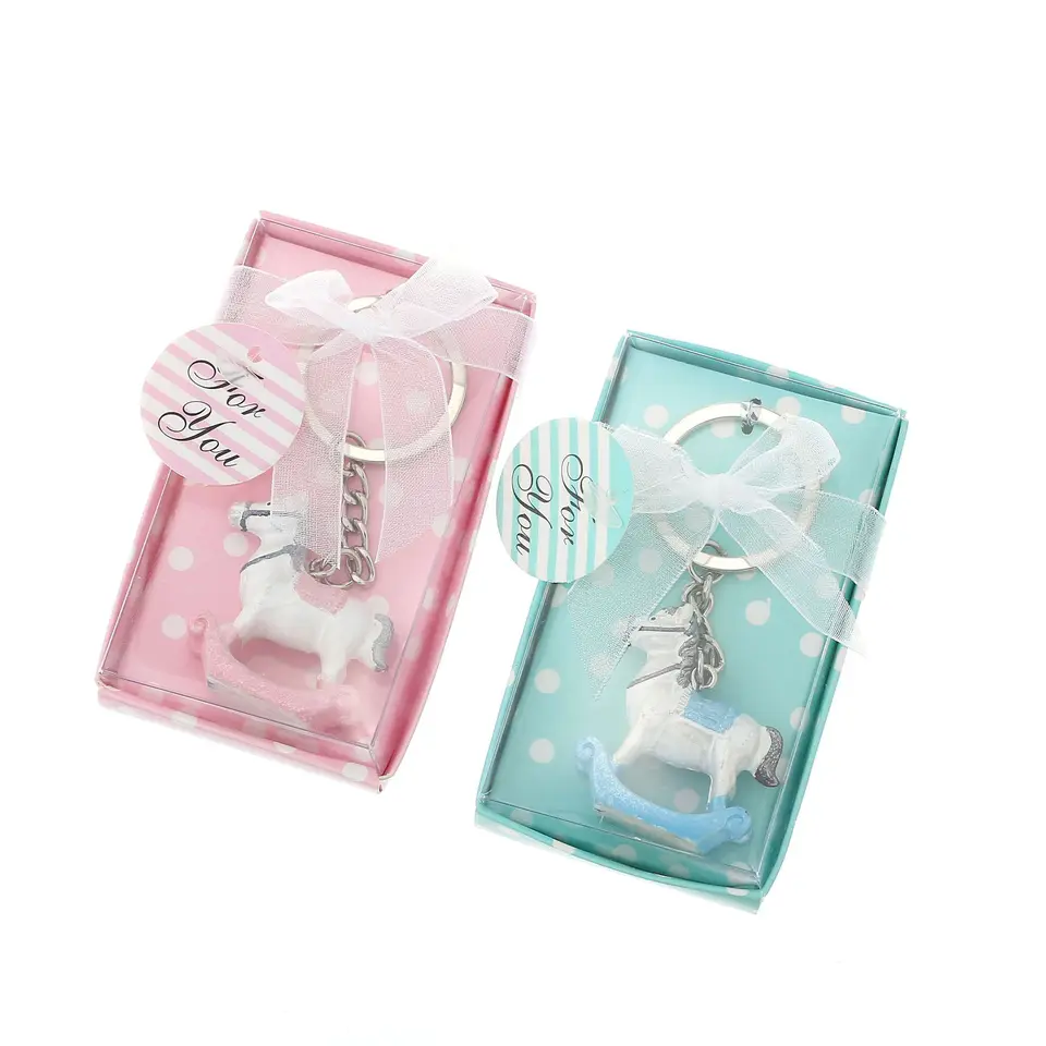 Drevené koní Keychain pre deti, modrá a ružová, láskavosť pre bábätká, priaznivé oslavy, darček k narodeninám, 12ks