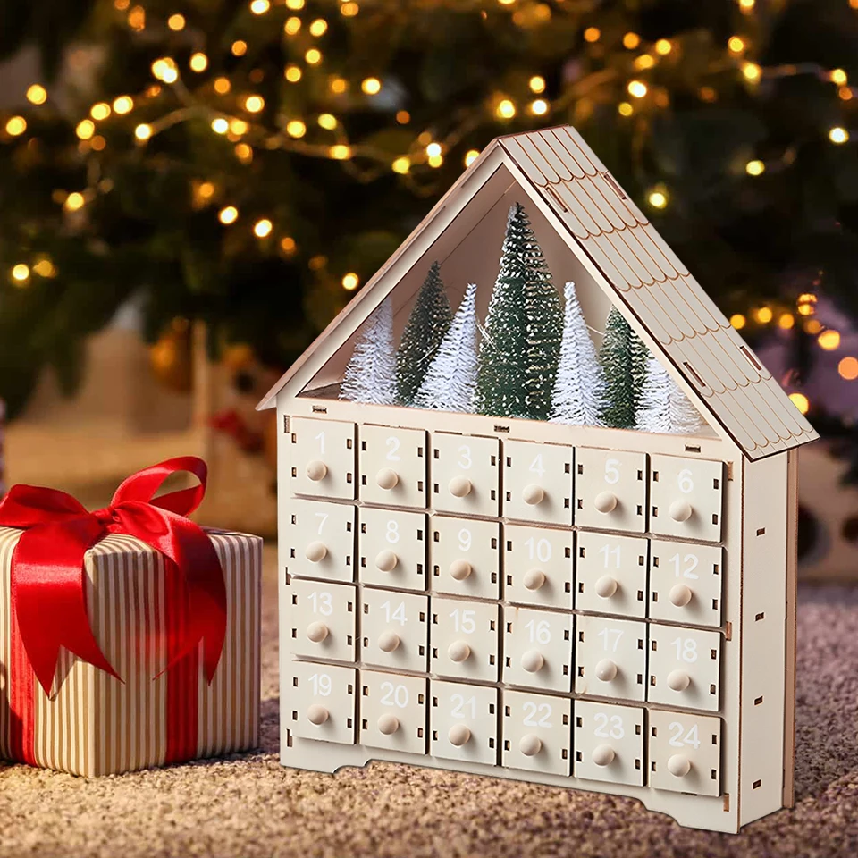 Drevené LED opakovane použiteľný adventný kalendár s 24 prázdnymi úložnými zásuvkami odpočítavanie do vianočného kalendára vianočné sviatky