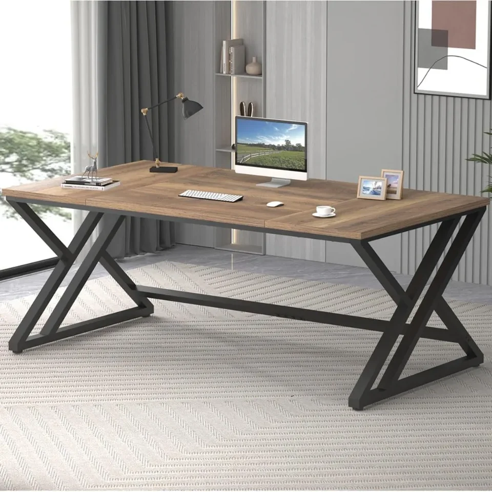 Drevené počítačové písanie pracovné štúdium počítačového stola, stôl na farme pracovnej stanice Gaming Executive Desk pre 2 osoby, rustikálny dub, 70 palcov