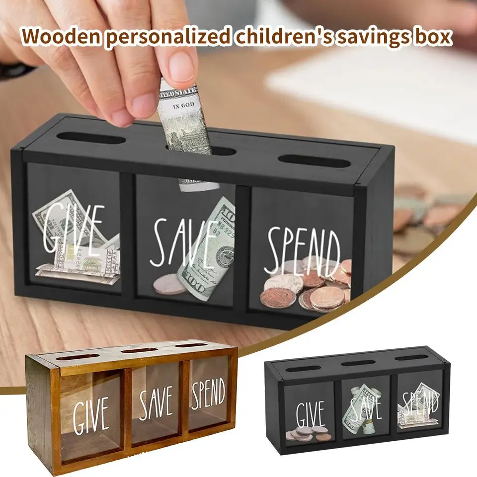 Drevené prispôsobené detské úsporné box Dávajte šetrenie peňazí Piggy Daily Box Rodinná šetrenie peňazí dieťa Cash Box Storage B Z0C7