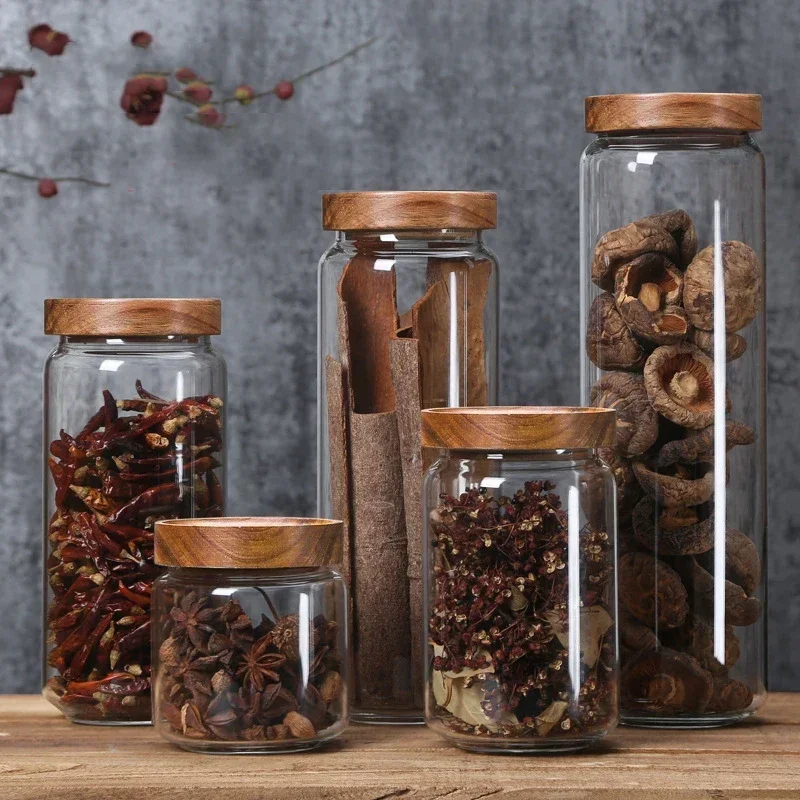 Drevené veko Orgenizátor sklo vzduchotesná kanister kuchynská úložná fľaše fľaše s utesnenou potravinou Ginger Cereal Dispenser Chalisk Cans