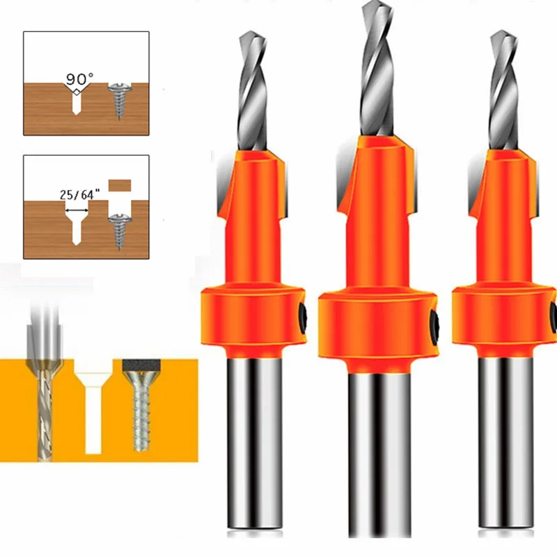 Drevené vŕtanie vŕtania Router bit koncového mlyna Set countersink otvor HSS Screw Cutter 8 mm driek na drevársku frézovaciu frézku