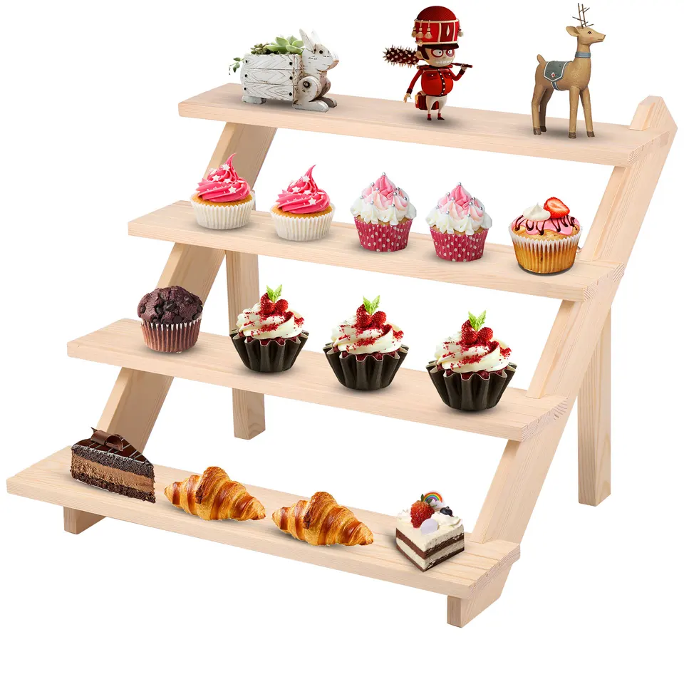 Drevené zobrazenie so 4-stupňovou drevenou stolovou displejom Stand Maloobchodný displej pre Cupcake Dezert Parfum Cosmetics Home Party
