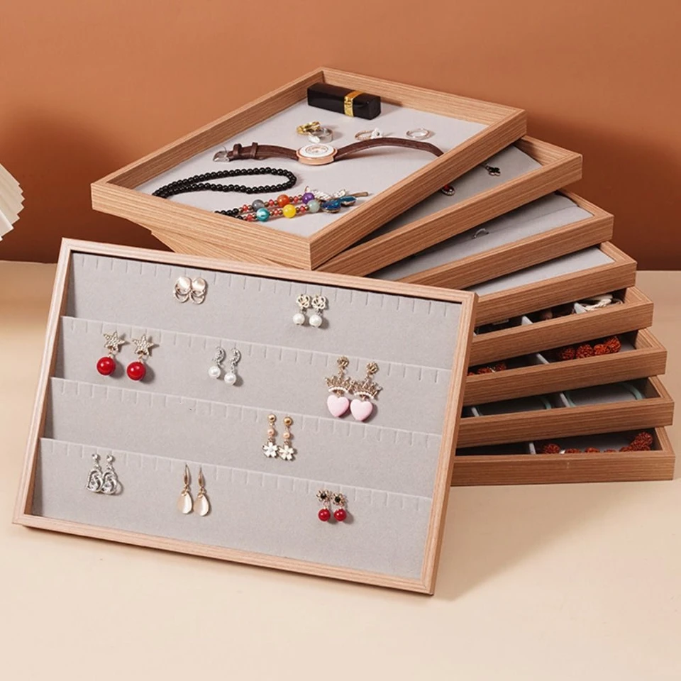 Drevené šperky Displej Tray Exquisite Ear Comps puzdro náhrdelník skladovacia skrinka Výbavma 6/12/12/24 mriežky na drevo Organizačný box náramok
