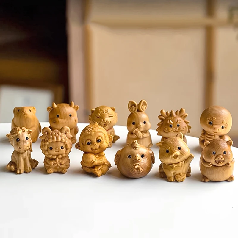 Drevený rezbársky model Malý zviera Dvanásť zverokruhu myš Ox Tiger Rabbit Dragon Snake Miniatúrne ozdoby remeselníkov