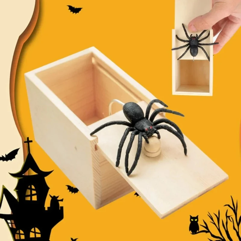 Drevený žart trik Praktický vtip domáca kancelária zábava hra hra darček hračky Spider Scare Box Prekvapenie boxu pre deti rodičia priateľ priateľ