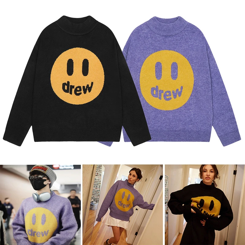 Drew House Winter Warb Loose Pánske a dámske dlhé rukávové okrúhly krk Usmievavá tvár Logo Hoodie Thermal Underwear Sveter