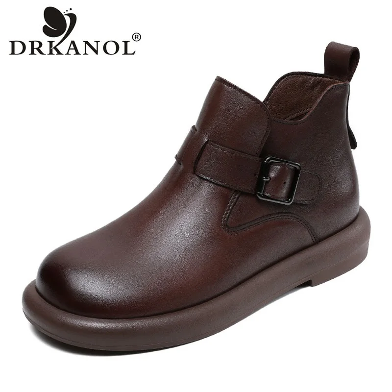 Drkanol Fashion Dámske topánky 2024 Jeseň Zimná teplá topánka Okolo špičky Originálna kravská koža Plochá päta mäkký trend, ležérne členkové topánky