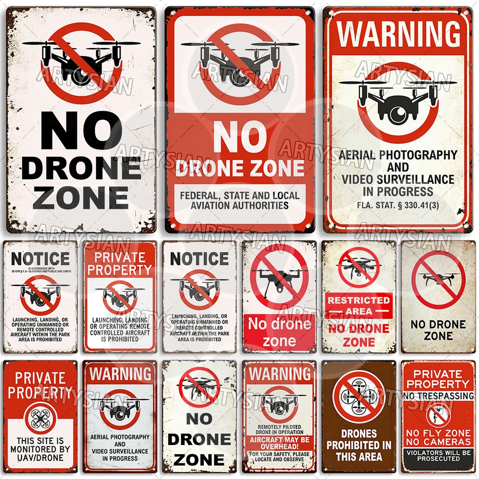 Dron bez fly zóny výstražná značka Dron DRON DRONSKO ZABEZPEČENSTVO PLAKOVÉHO PLAVY V AKO SPACE OBMEDZENIE PRIPRAVENIA PROGRAMOVANIE PREHRADOVANIA PREDCHÁDZAŤ