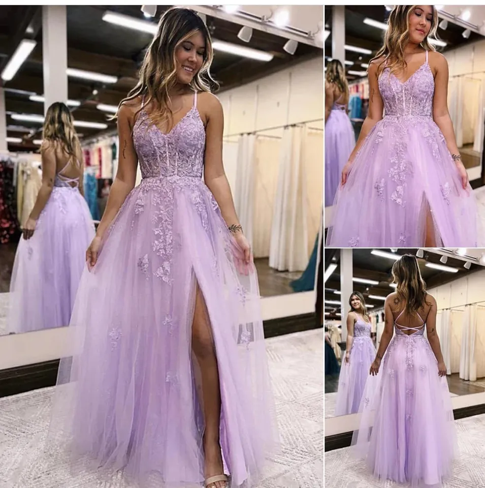 Drop Diship New Purple Tulle A Line večerné šaty Formálne promócie Šaty špagety popruh v krk formálne párty ples šaty
