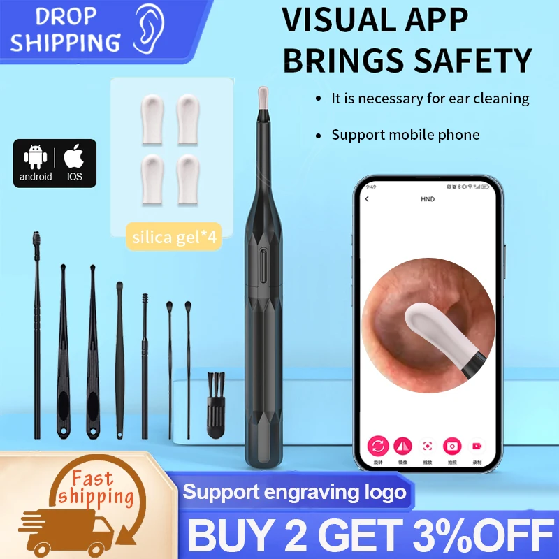 Drop Shipping Ear Cleaner s HD mini fotoaparátom bezdrôtového odstraňovania ušného vosku Silikónová lyžica Otoskop 8 PCS Ear Set endoskop