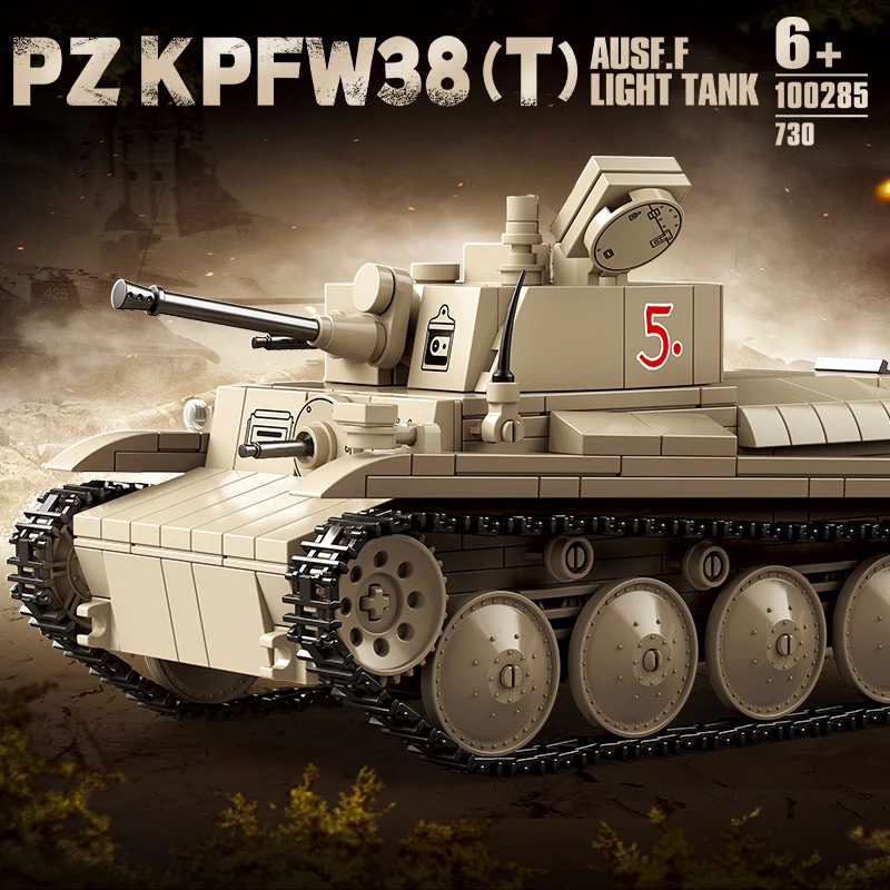 Druhá svetová vojna 38 TF Light Tank 2025 Nový Tiger Crawler Armored vozidlo Vojenské hračky Boy Darček Zhromaždené stavebné bloky
