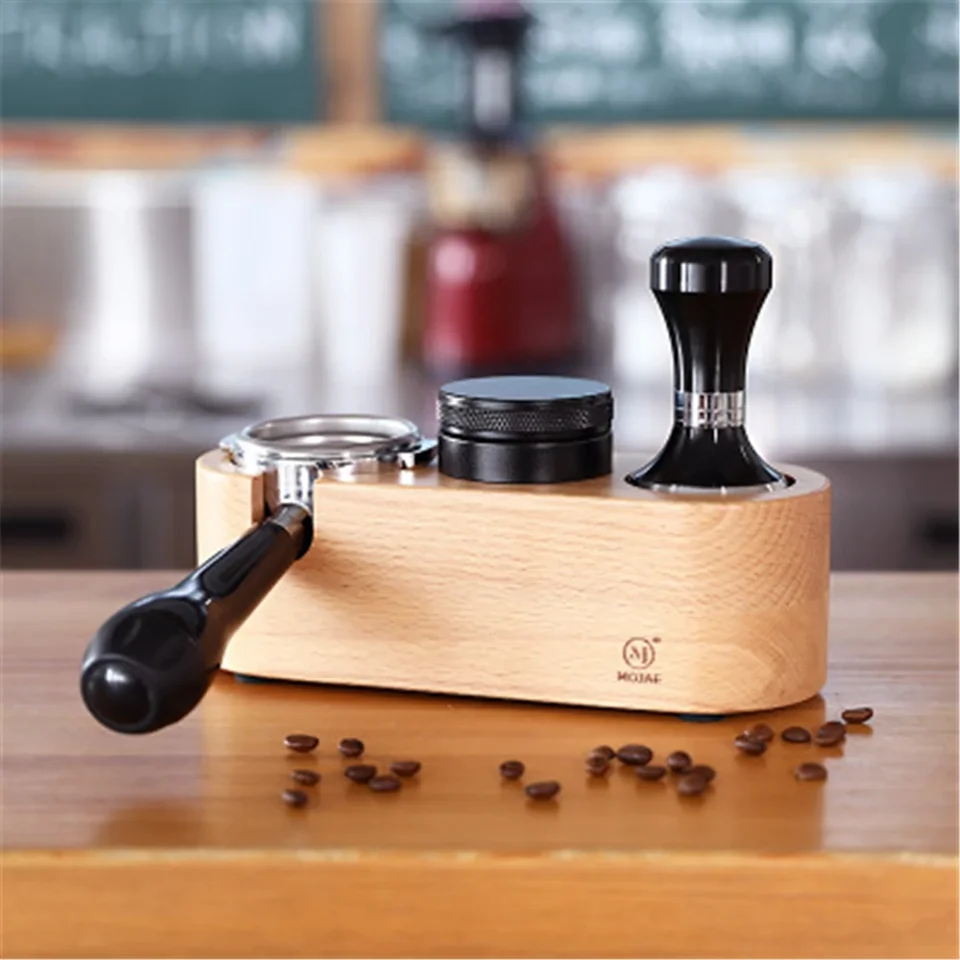 Držiak na neoprávnený kávový manipulátor, 51/53 / 58 mm masívne drevo Espresso Tamping Mat, bukový lis, prachová základňa, držiak na výplň káv