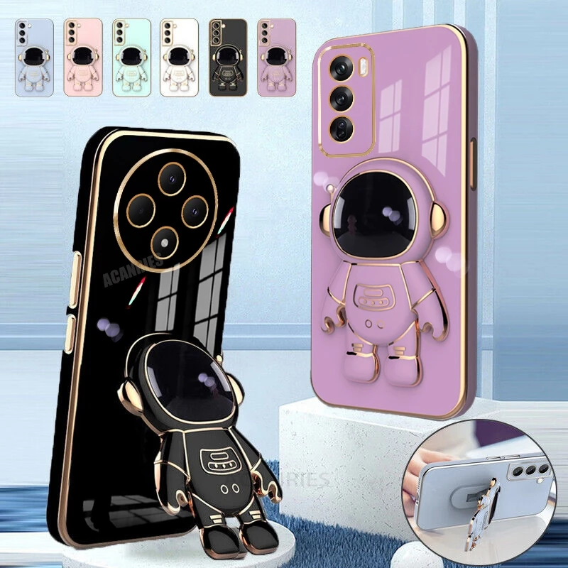 Držiteľ Astronauta Reno12F Luxusný pokovovací prípad pre Oppo Reno 12 10 Pro 12f 12F 12F Reno12 F FS ​​4G 5G 7 6 5 LITE Silikónový kryt stojan