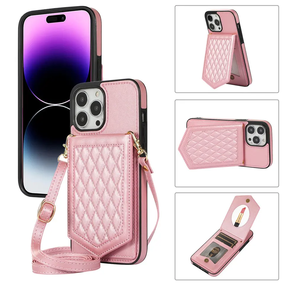 Držiteľ kariet Mirror Crossbody Pase pre iPhone 16 15 14 plus 13 12 11 Pro Max xr xs 7 8 dlhý kožený kryt na šnúrke