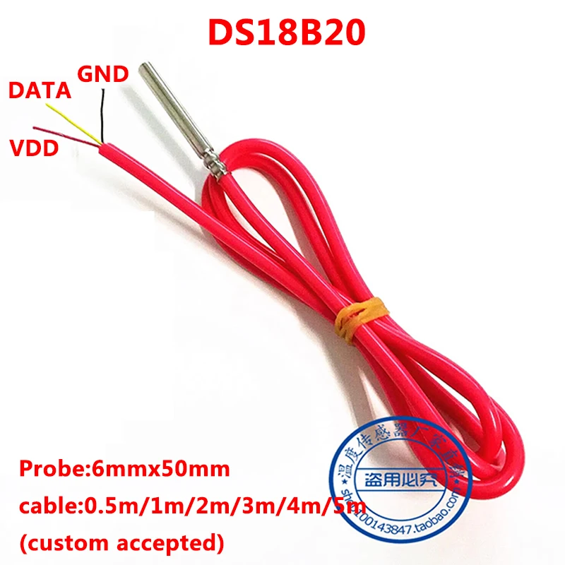 DS18B20 Vodotesný digitálny snímač digitálnej teploty 6 mm * 50 mm sonda z nehrdzavejúcej ocele 18B20 1M 2M 3M 5M Silikónový kábel