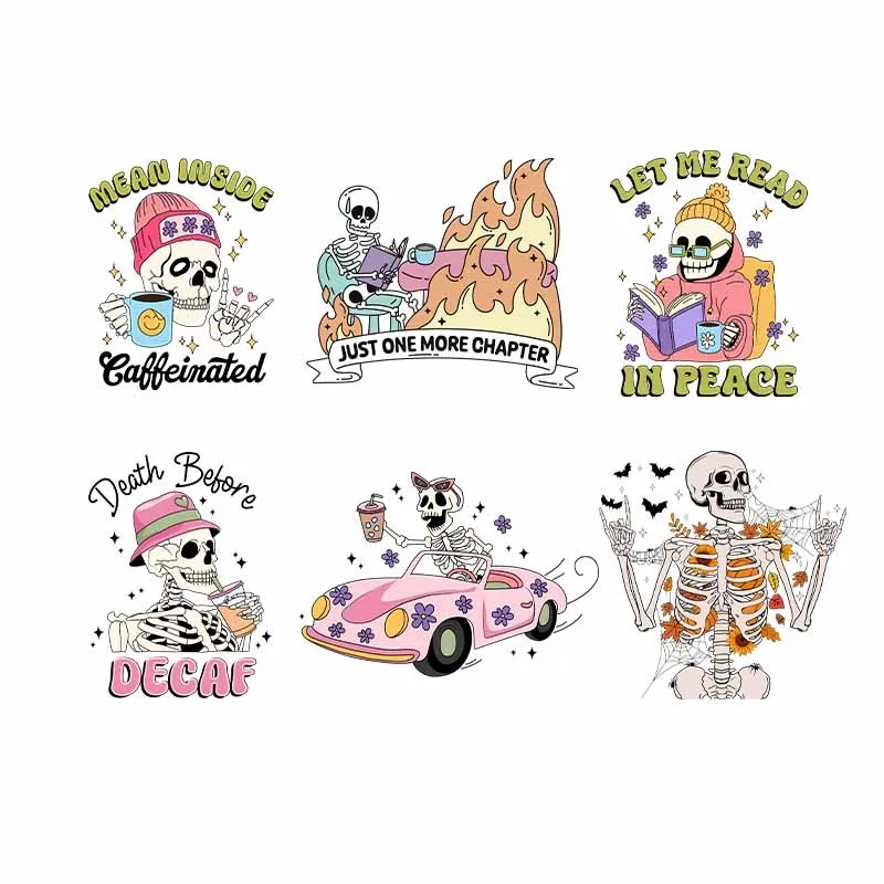 DTF Fashion Cool Skull Terfet Prenos nálepka Oblečenie vtipná lebka kniha Káva na tlačených škvrnách na tričkách