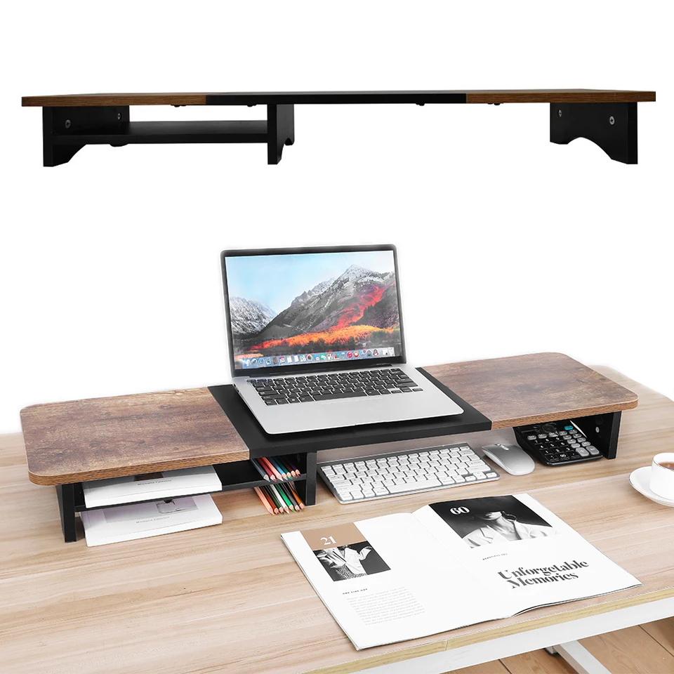 Dual Monitor Stiver stúpa drevo a oceľový monitor stúpací viacúčelový stolný úložný stánok pre počítač, notebook, tlačiareň, televízor