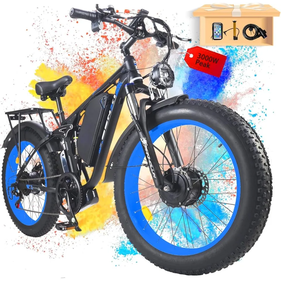 Dual-Motor 3000W Peak Electric-Bike, Ebikes s plným odpružením, 26/24 palca na lov tukových pneumatík pre terénne horské sneh