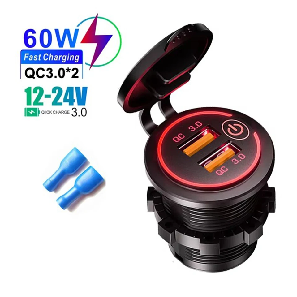 Dual QC 3.0 Dual USB rýchla nabíjačka automobilu 12V/24 V nepremokavá s prepínačom automatické vozidlo