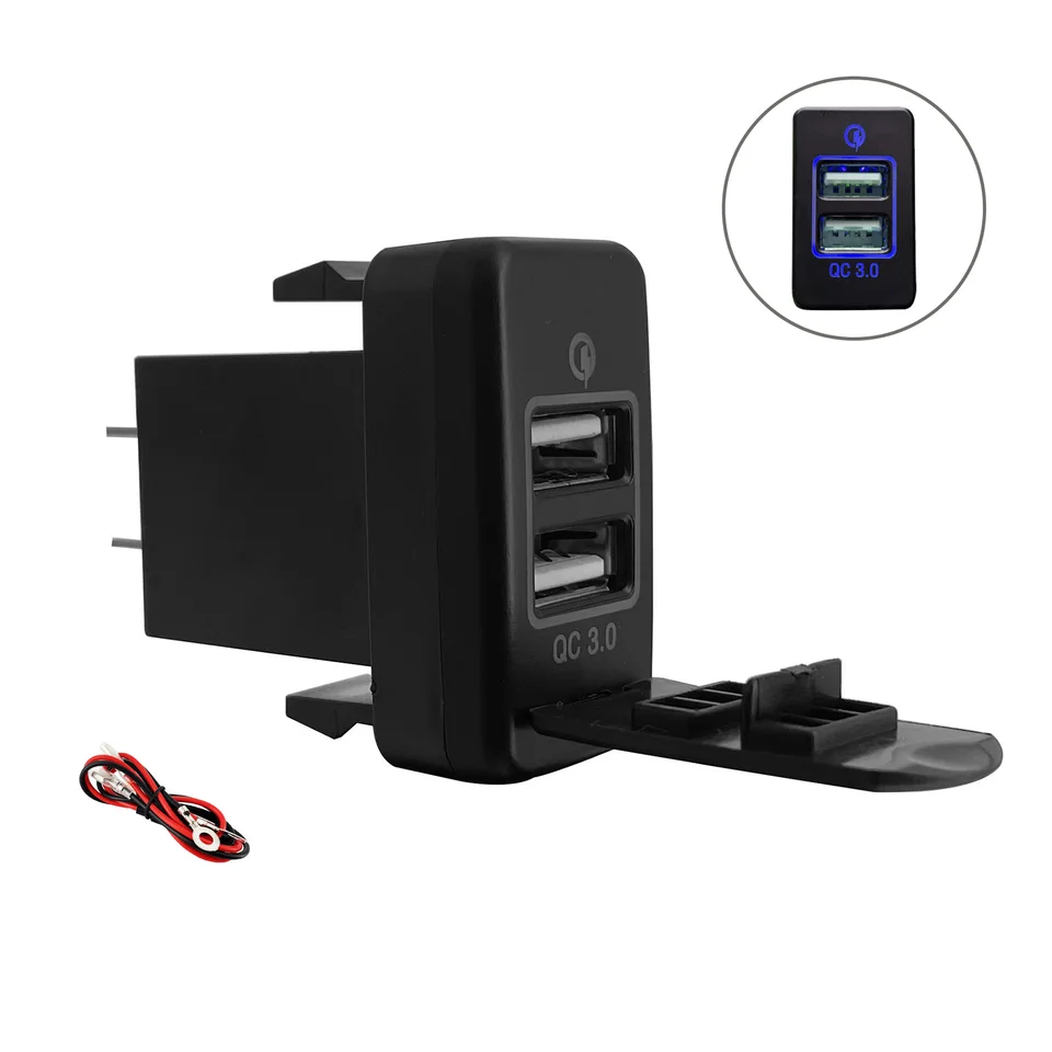 Dual USB QC 3.0 nabíjačka automobilu Blue LED pre Toyota Hilux Gun Prado Rav4 Landcruiser Corolla Yaris Camry Push Switch Výmena