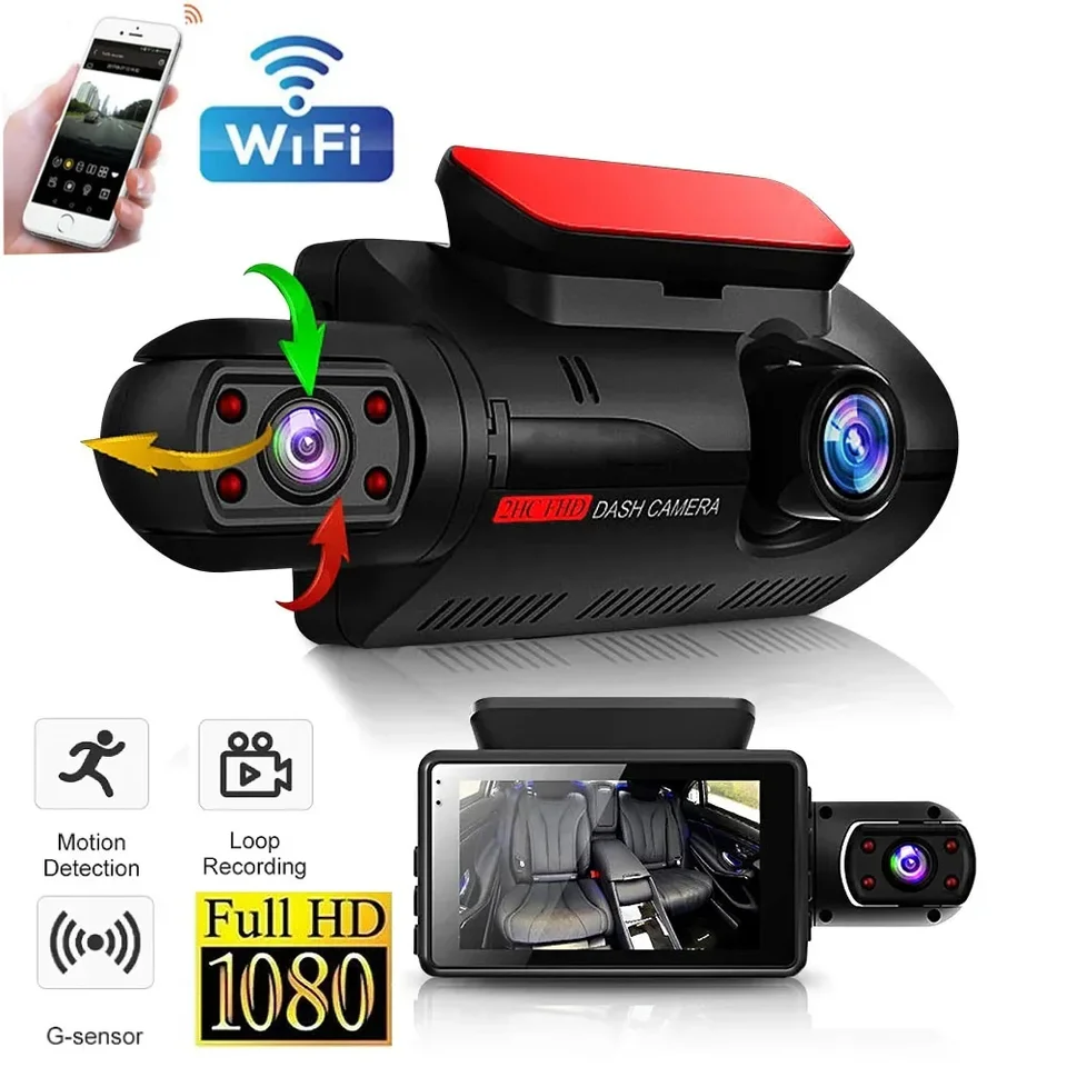 DUALSS DASH DASK CAM pre autá Čierna skrinka HD 1080P Video rekordér s WiFi Night Vision G-Sensor Loop Nahrávanie DVR Car Camera