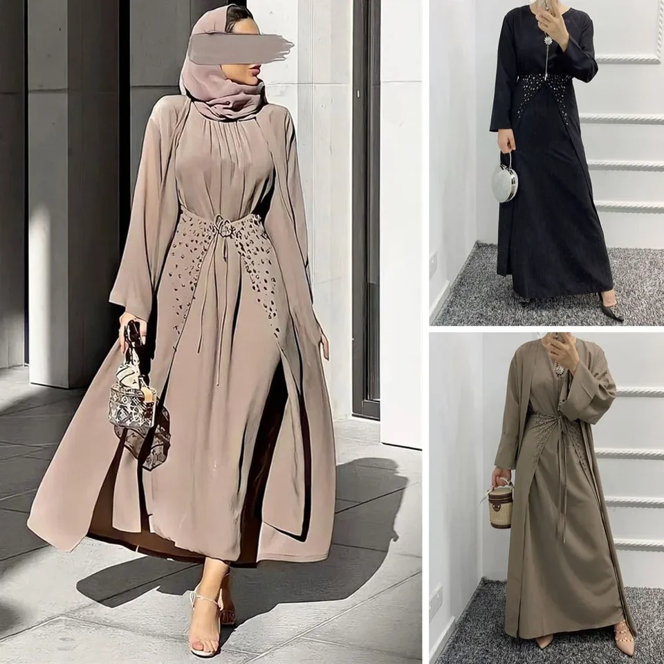 Dubaj kaftan moslimské ženy 3ks/4ks set arabská abaya islamská islamská s dlhým rukávom Otvorené kimono obaly obleky SAS Stredný východ