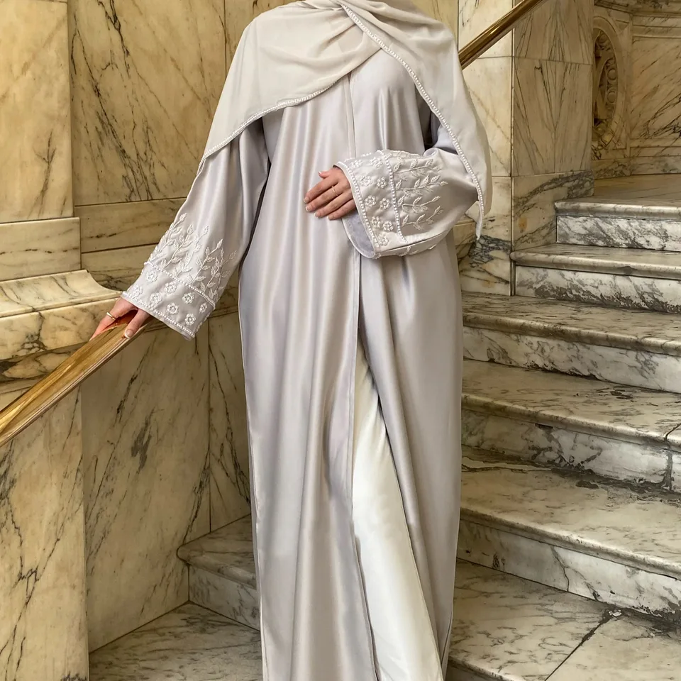 Dubaj korálky Otvorené kimono abayas skromné ​​ženy pre 2025 Moslimské saténové šaty Dubai kaftan rúž islam odevné vesty jalabiya arab