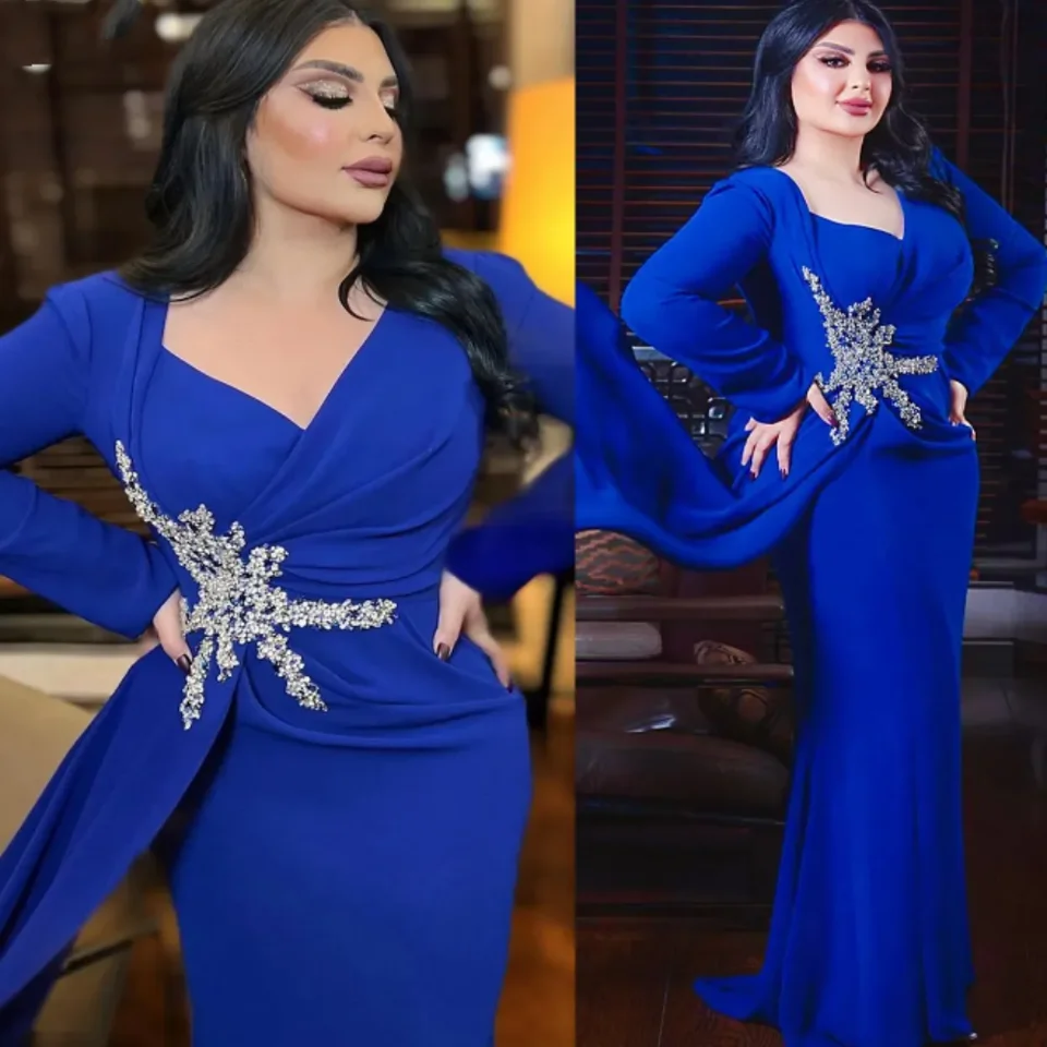 Dubaj Saudská Arábia Ples Dress Royal Blue V Applique Aplikácia Korálky Špeciálne príležitosti večerné šaty dlhé rukávy plus formálne opotrebenie veľkosti