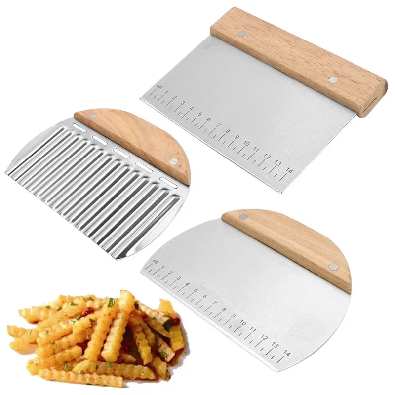Dubová rukoväť pečivo Cutter Cutter z nehrdzavejúcej ocele Wavy Pizza Pies Cutter Polkruh Recllgle Score s meraním múky chleba