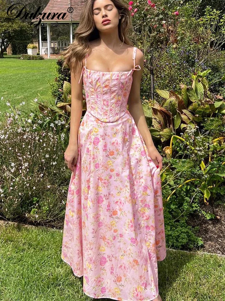 Dulzura Floral Print Sexy backless midi špagety remienok šaty šnurované šiatky šaty dámske dámske párty klubové sviatočné oblečenie y2k
