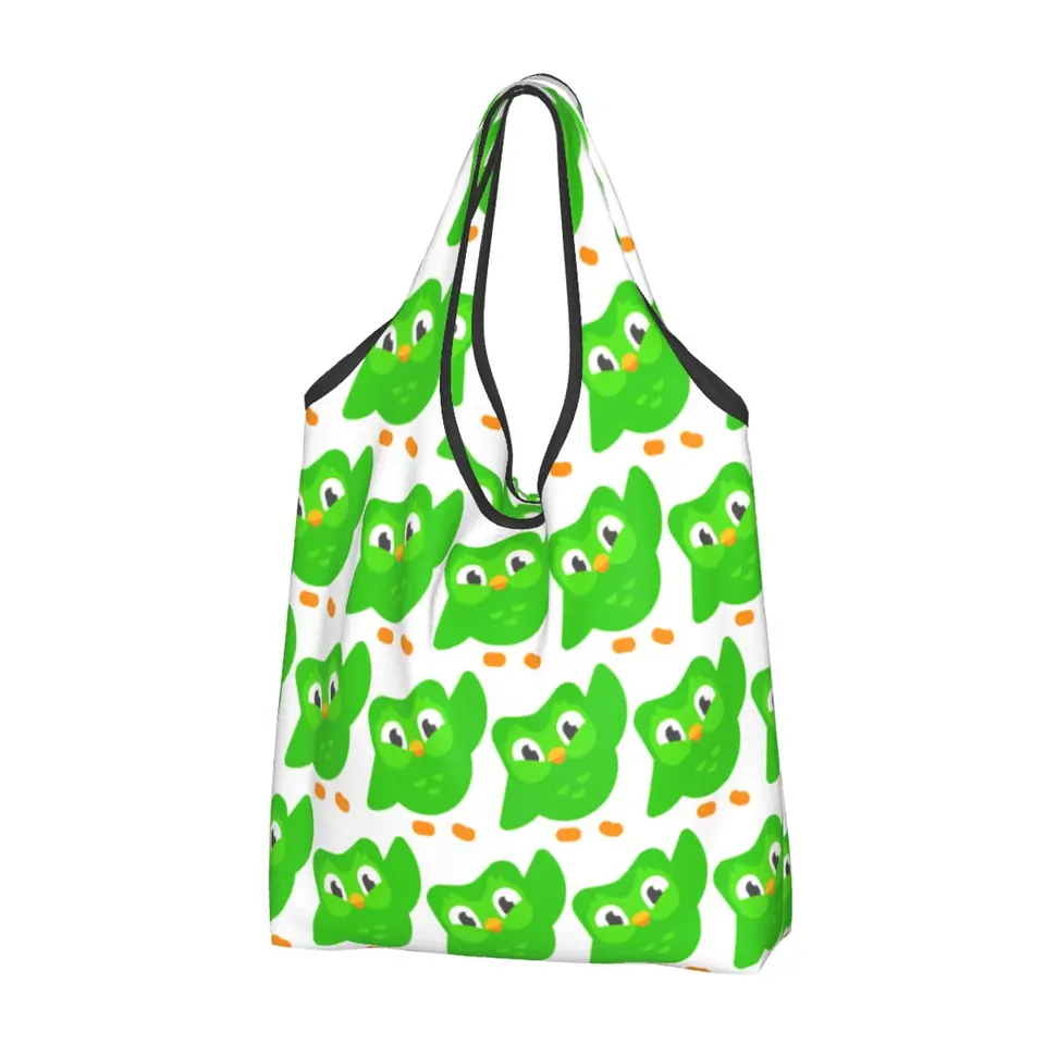 Duolingo Cartoon Owl opakovane použiteľné nákupné tašky na nákupné potraviny skladacie 50 lb hmotnostná kapacita ekologická taška ekologicky priateľská Ripstop