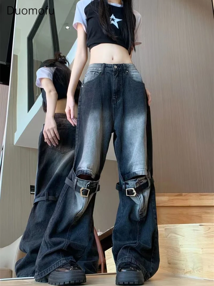 Duomofu y2k Grunge čierne vrecká džínsy Ženy kybernetické punkové nadmerné džínsové nohavice