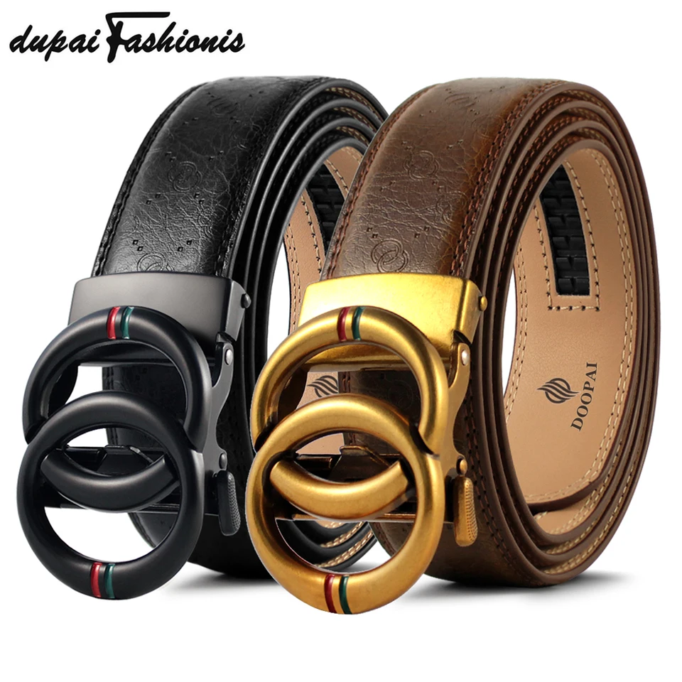 DuPai Fashionis Classic Retro originálne kožené automatické opasky dvojitá slučka Round Buckle Belts for Men Darčeky pre ženy